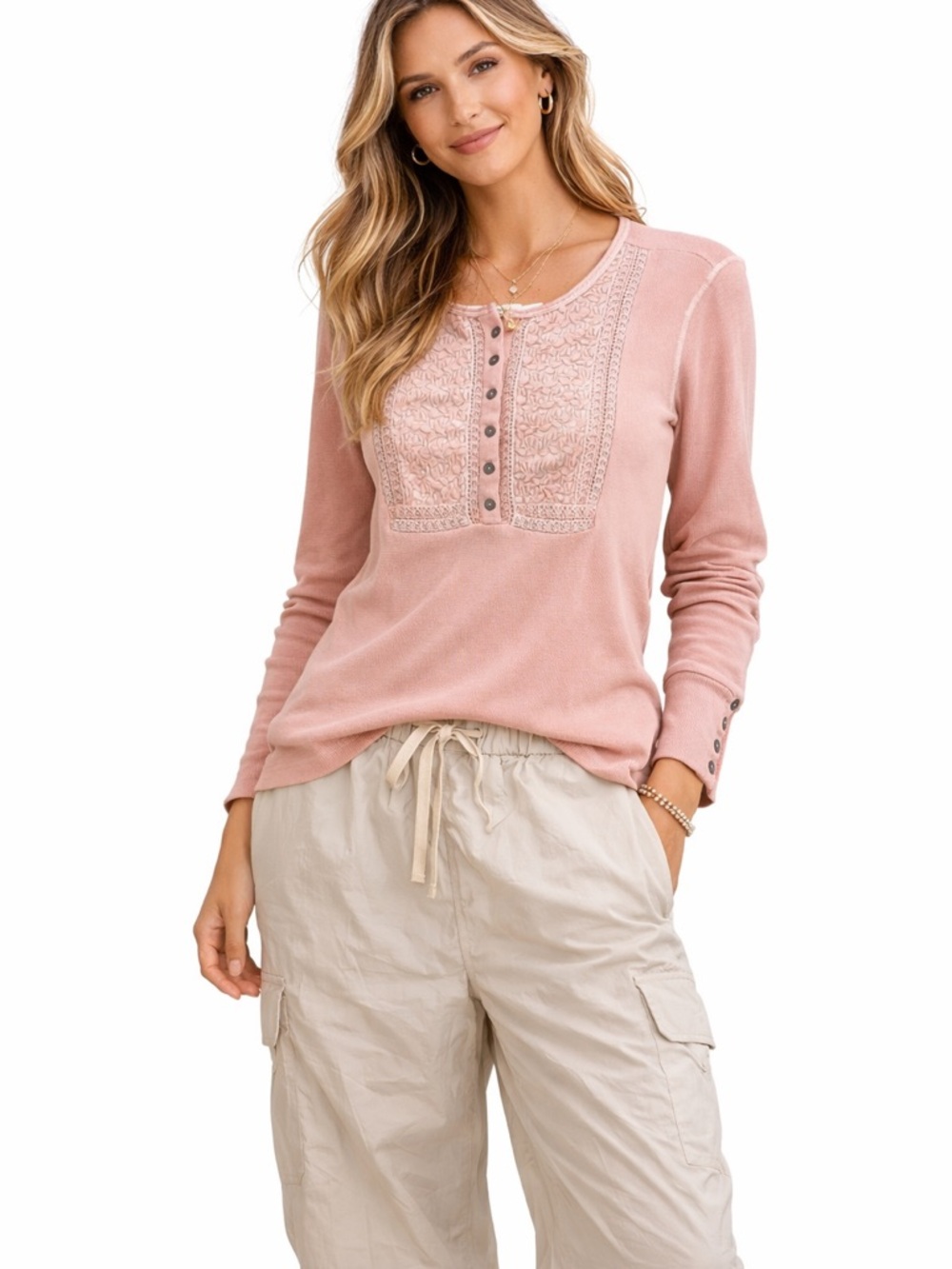 Lucky Brand Soft Pink Embroidered Yoke Long Sleeve Thermal Henley XS NWT‎ FLAWS